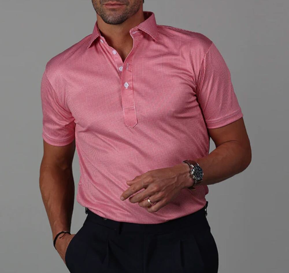 NWT Collars & Co. Men’s Semi-Spread Collar Performance Polo Red Houndstooth SZ S